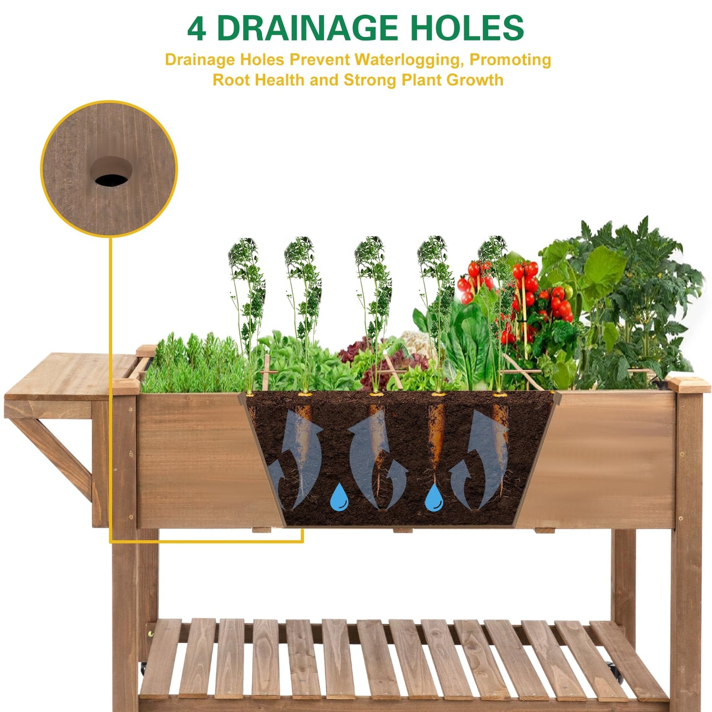 Gowoodhut Raised Garden Bed with Wheels, Wood Elevated Garden Box with W-Connection Tabs，for Vegetable, Flower, Herb, Large Storage Shelf, Easy to Assemble, 55.5x24x32in