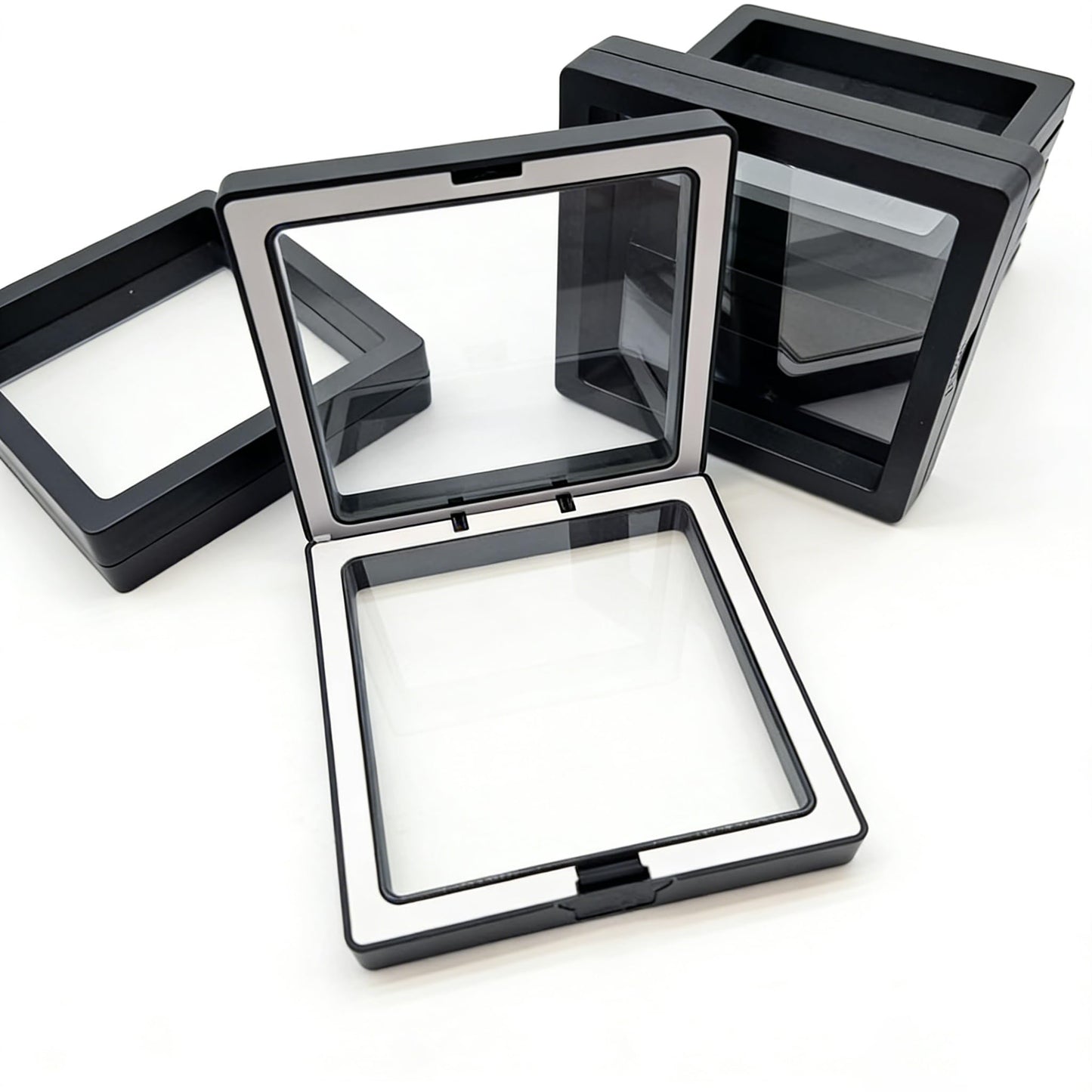 ITUTOO 12 PCS Dual-Color Packaging Box 3D Floating Frame Display Stand, Color-Matching Packaging Display Box, Transparent Window Jewelry Case, PE Film Anti-Oxidation Storage Case. (Black+White)