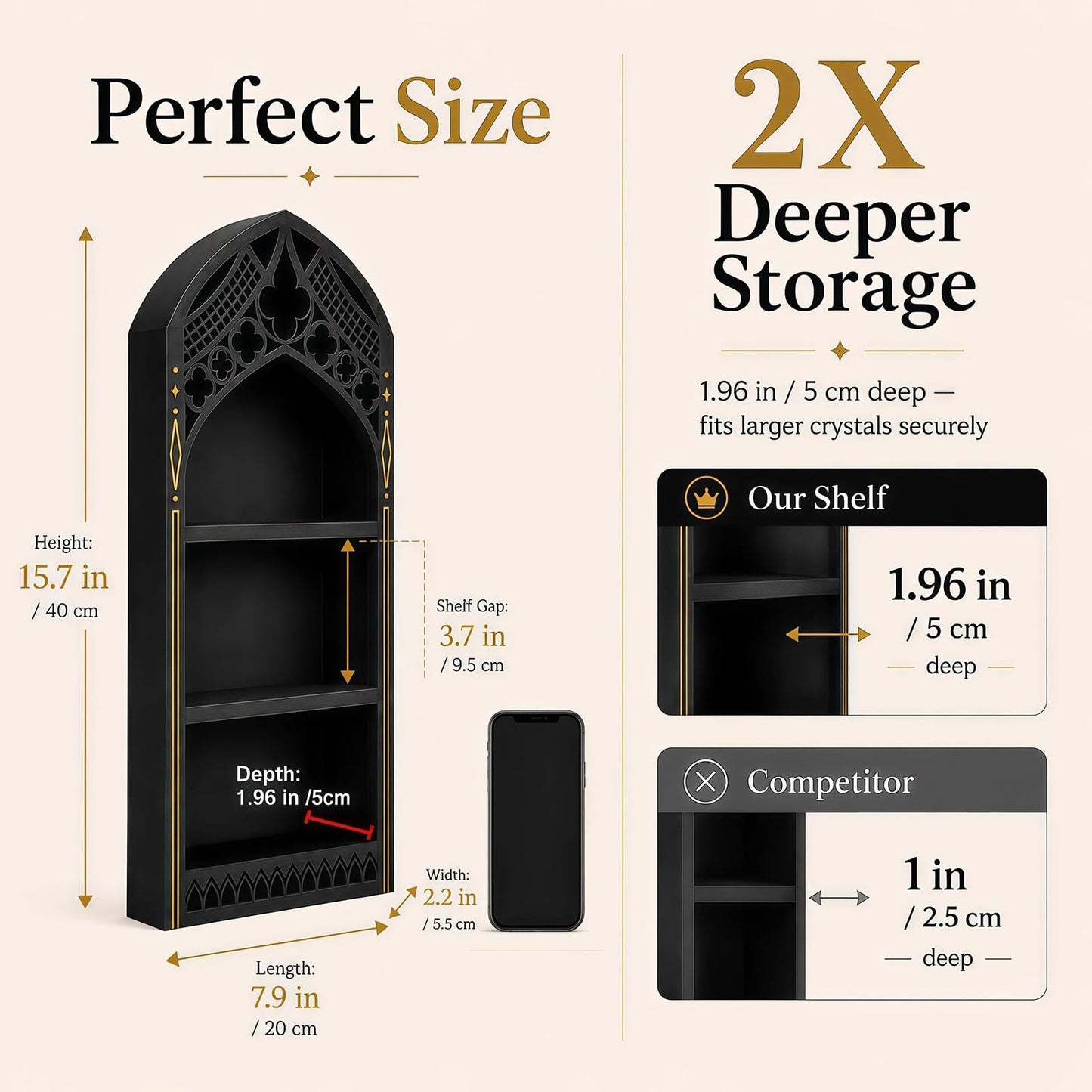 HBSGS Gothic Window Crystal Display Shelf, 1.96" Deep Wooden Wall Mounted Gemstone Crystal Holder, Witchy Decor Trinket Organizer for Healing Stones -2026 Upgraded (Window-7.9" W x 15.7" H)