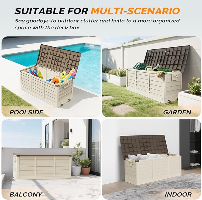 VINGLI 75 Gallon Collapsible Outdoor Storage Box, Simple-to-assemble Plastic Storage Containers with Lid, Patio Deck Box Furniture for Garden, Pool, Balcony, Yard (Coffee)