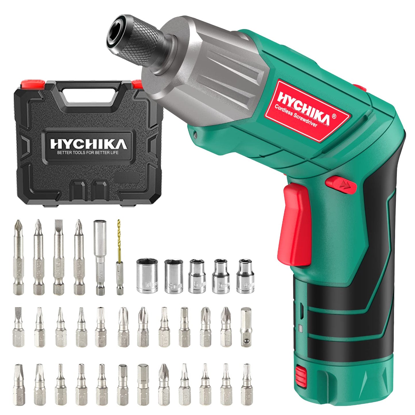 HYCHIKA Electric Screwdriver, 6Nm Torque Cordless Screwdriver 2000mAh 3.6V with 35 Accessories, LED Light and Rear Flashlight, USB Cable and Storage Box