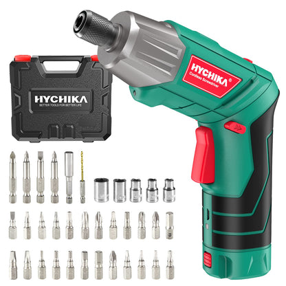 HYCHIKA Electric Screwdriver, 6Nm Torque Cordless Screwdriver 2000mAh 3.6V with 35 Accessories, LED Light and Rear Flashlight, USB Cable and Storage Box