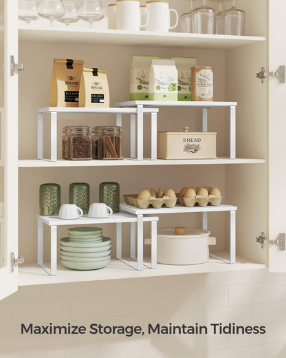 SONGMICS Cabinet Organizer Shelf, Set of 4 Kitchen Counter Shelves, Kitchen Storage, Spice Rack, Stackable, Expandable, Metal and Engineered Wood, Cloud White and Natural Beige UKCS010N01