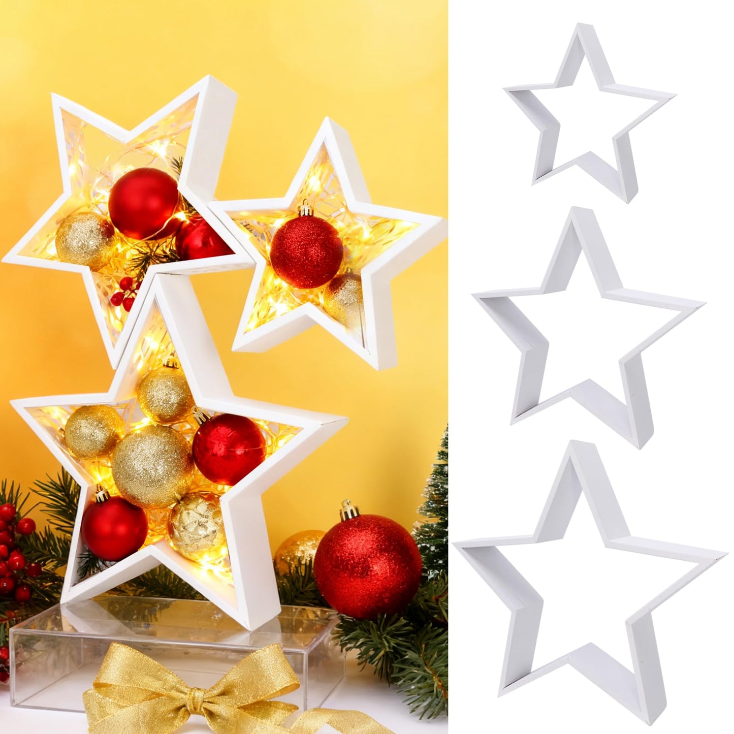 3 Pcs Wooden Stars for Crafts, Rustic Wood Stars, Wooden Tabletop Centerpiece Sign for Crafts, Wood Star Decor, Christmas Star Shelf Display Decorative DIY Christmas for Home Farmhouse Decors (White)
