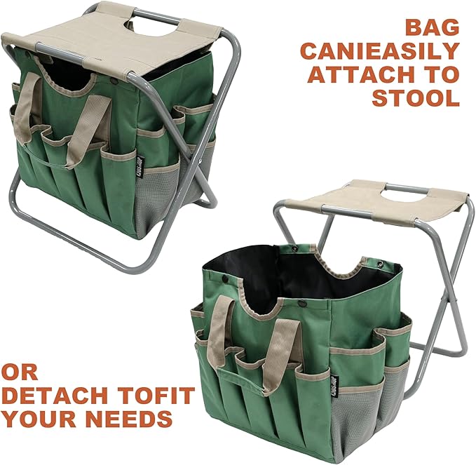 MDSTOP Folding Gardening Stool with Detachable Storage Tote Bag, Gardening Tools Set Organizer for Fishing Outdoor Sports Hiking Camping Garden, Gardening Gifts for Mom/Dad and Gardeners (Polyester)