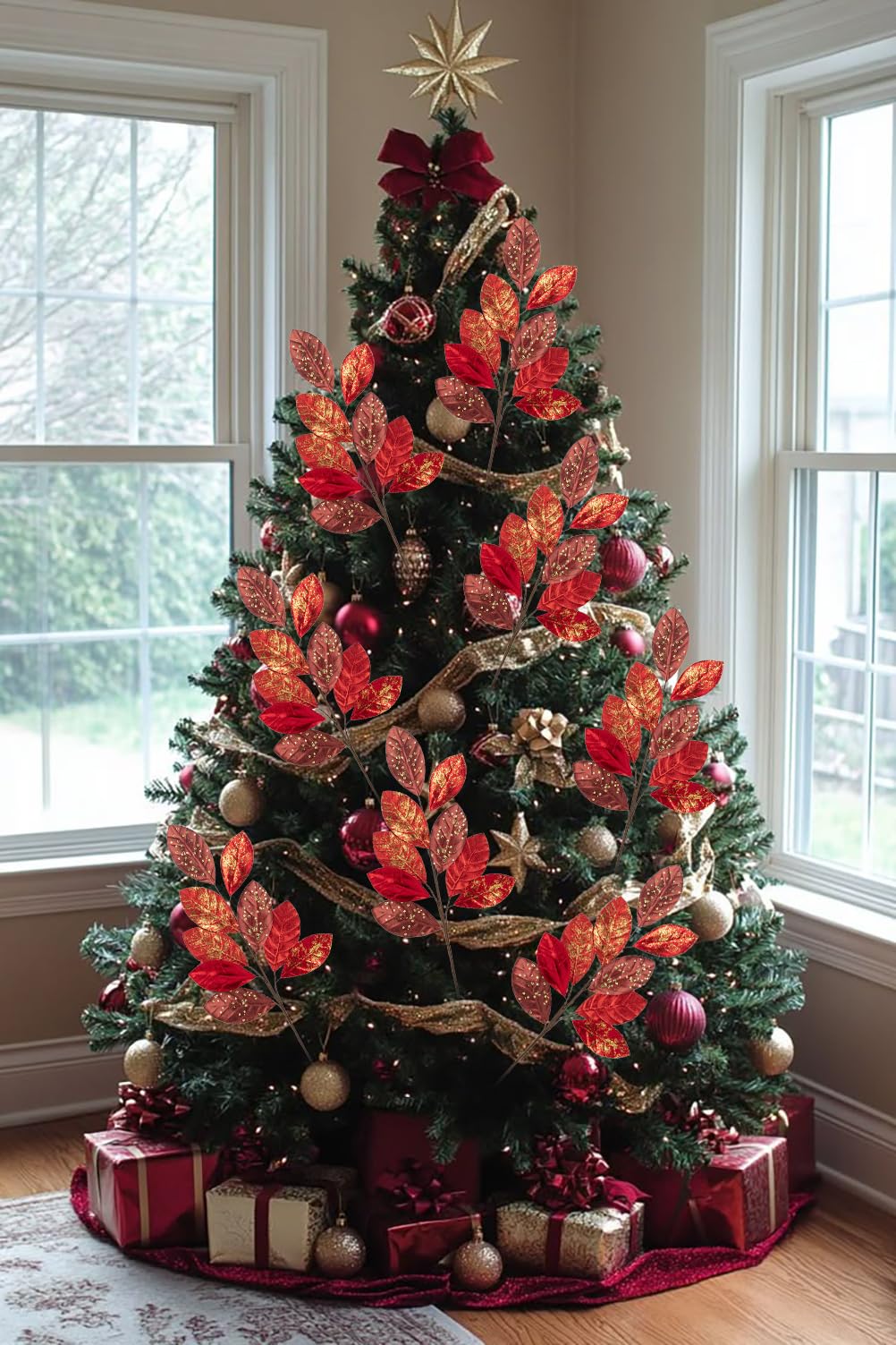 Hollyone 23.6” Christmas Tree Picks and Sprays 3Pcs Red Artificial Magnolia Stems Magnolia Leaves Branches Fake Red Leaf Floral for Vase DIY Xmas Tree Garland Wreath Centerpieces Wedding Decor