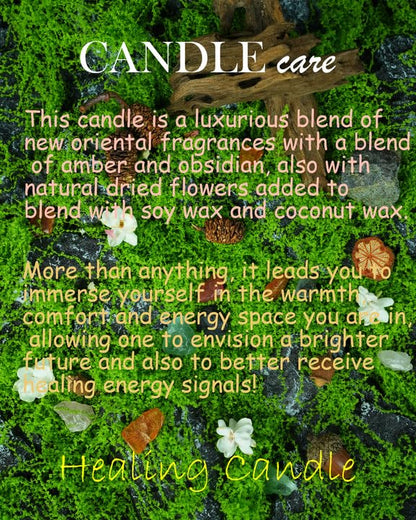Obsidian Crystal Energy Candle, Good Aura Health Protection, Baltic Amber Chakra Magic Self-Care, Emotional Support, Encouragement and Affirmation Gift.(HEAL)