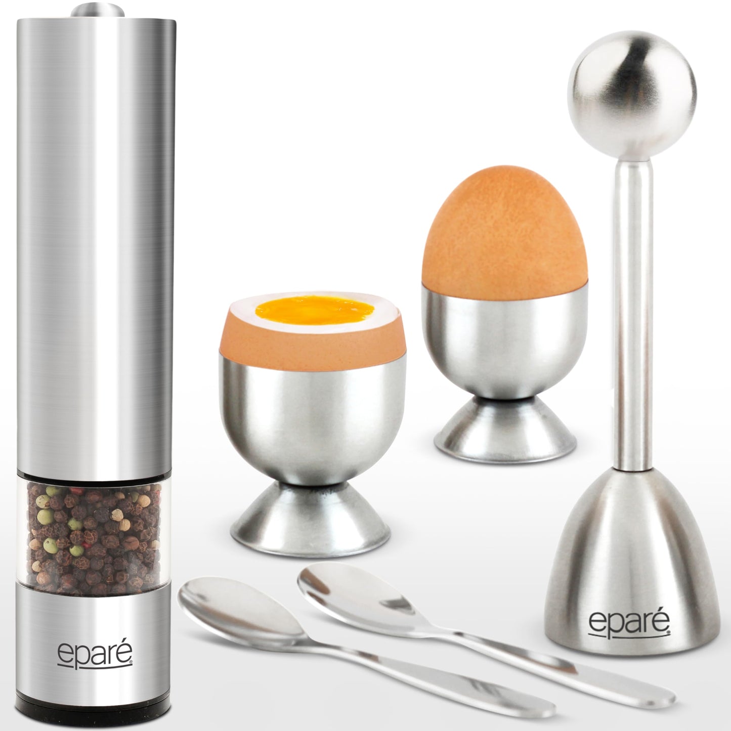 Eparé Egg Topper Cutter & Electric Salt and Pepper Grinder Mill - Egg Cups & Holder for Soft Boiled Eggs & Battery Operated Ceramic Burr Pepper Grinder Refillable