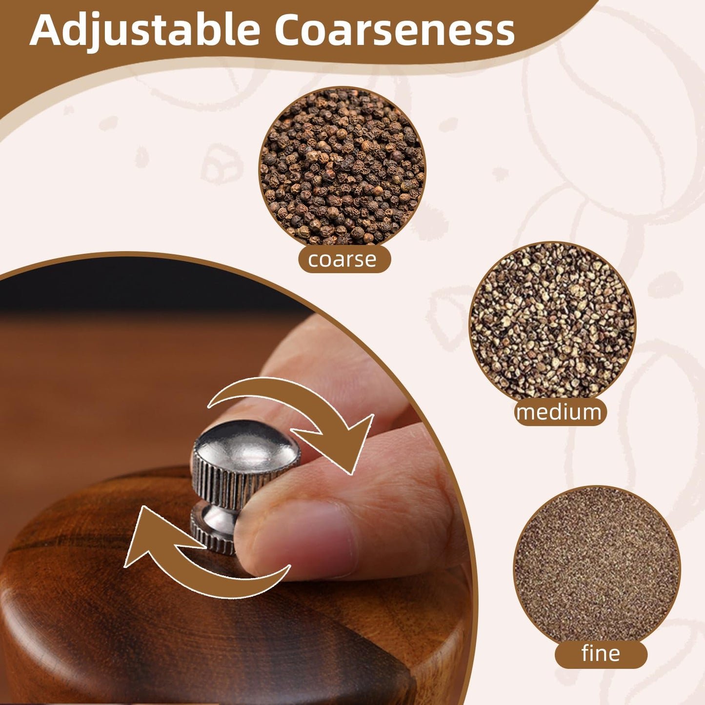 2 Pack Wooden Salt and Pepper Grinder Set — 8 Inch Refillable Salt and Pepper Shakers — Manual Spice Mills with Clear View Window — Ceramic Grinder, Adjustable Coarseness