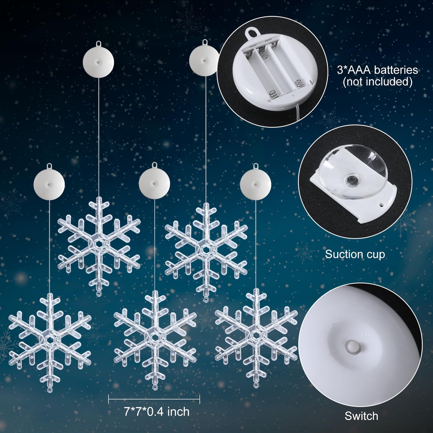 LYUBASA 5Pack Christmas Window Lights Decorations with Timer,Battery Powered Christmas Hanging White Lighted Snowflake Shaped LED Sucker for Xmas Tree Fireplace Indoor Decor