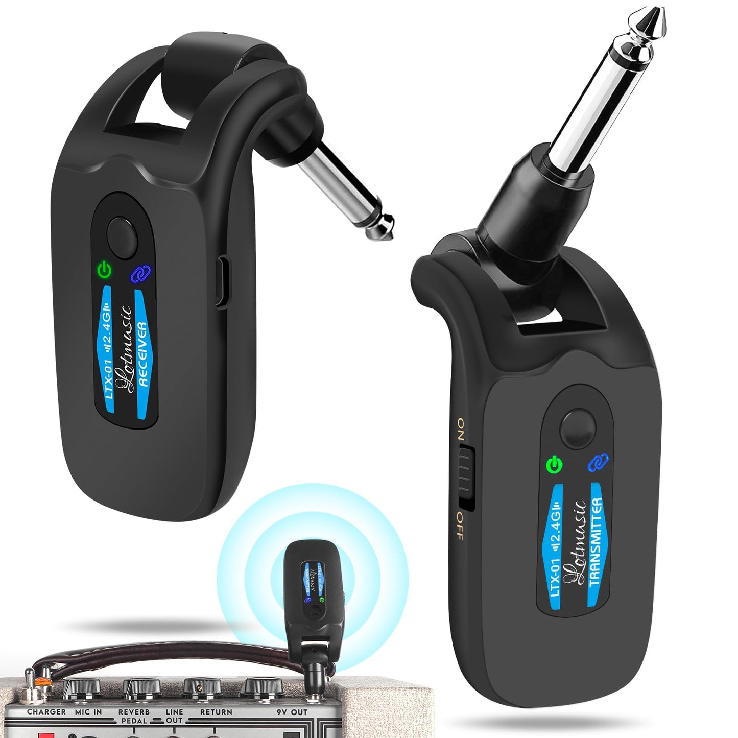 2.4GHZ Wireless Guitar System, Rechargeable Digital Wireless Guitar Transmitter Receiver with 4 Channels and Over 10 Hours Long Battery Endurance for Electric Guitar Bass