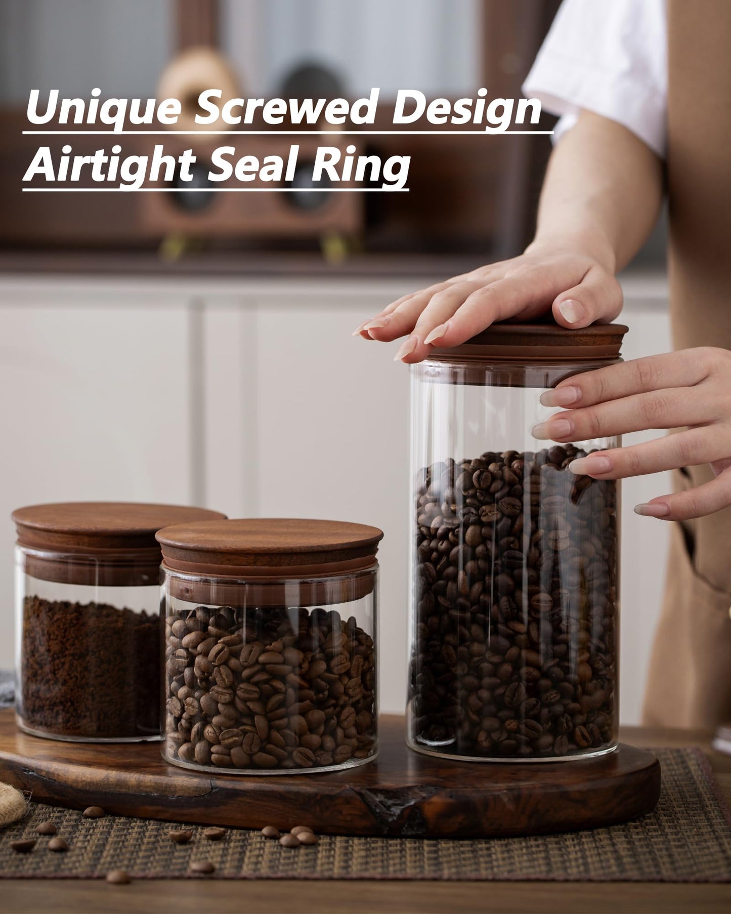 BOILMERIT 37 oz Coffee Canister with Scoop and Wooden Lids, Airtight Storage Container Sets of 2 for Ground Coffee & Beans, Glass Jars for Coffee Bar Organizer, Kitchen Countertop