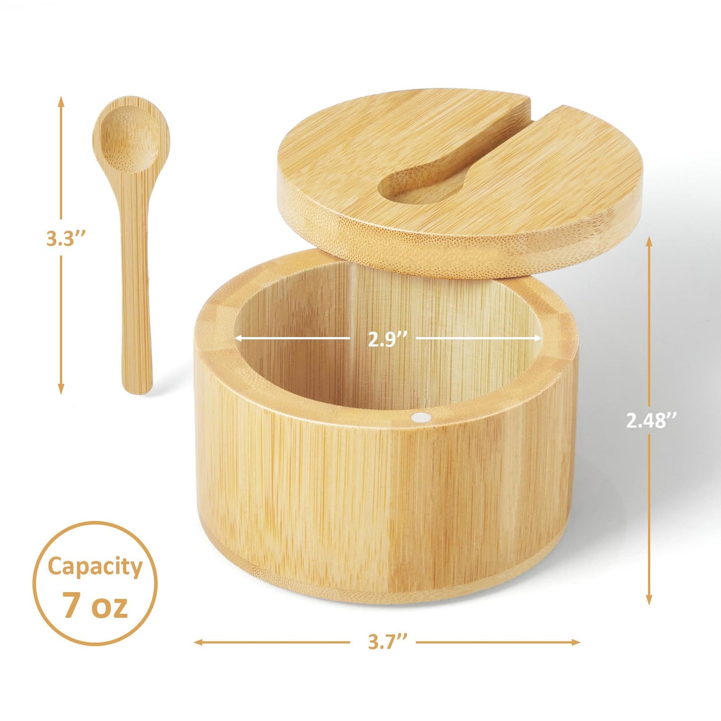 OUTNILI Salt Box Bowl with Lid and Spoon - Bamboo Salt Cellar with 360° Swivel Lid - Salt Container Holder for Sea Salt Herbs or Favorite Seasonings, 7 Ounce Capacity
