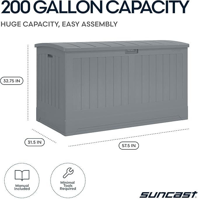 Suncast 200-gal. All-Weather Patio Deck Box, Made in the USA, with Pad-Lockable Lid, Extra-Large Outdoor Storage Unit for Patio Furniture and Grill Tools, Dove Gray Color