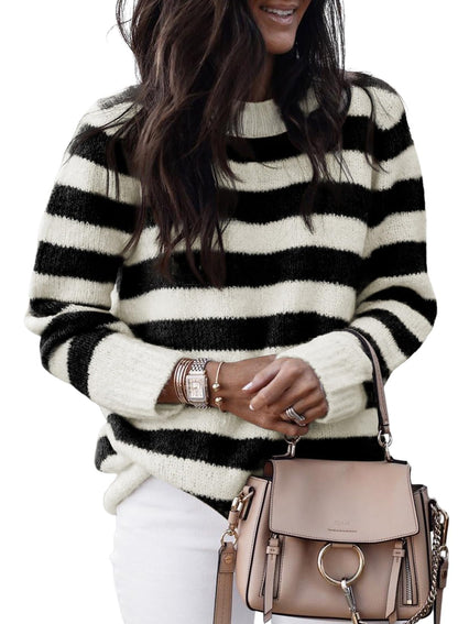 Dokotoo Sweaters for Women 2025 Crewneck Striped Cute Color Block Fall Winter Knitted Pullover Tops