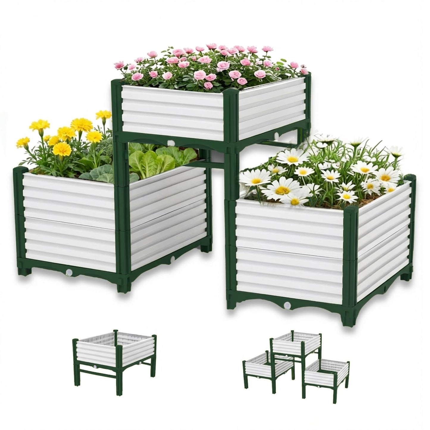3PCS Raised Garden Beds Outdoor with Legs Planter Box, 47x20x21in Reinforced Support Rods, Drainage Grid, Multi-Combination Options for Vegetables, Flowers, Herbs, Ideal for Balcony, Patio Gardening