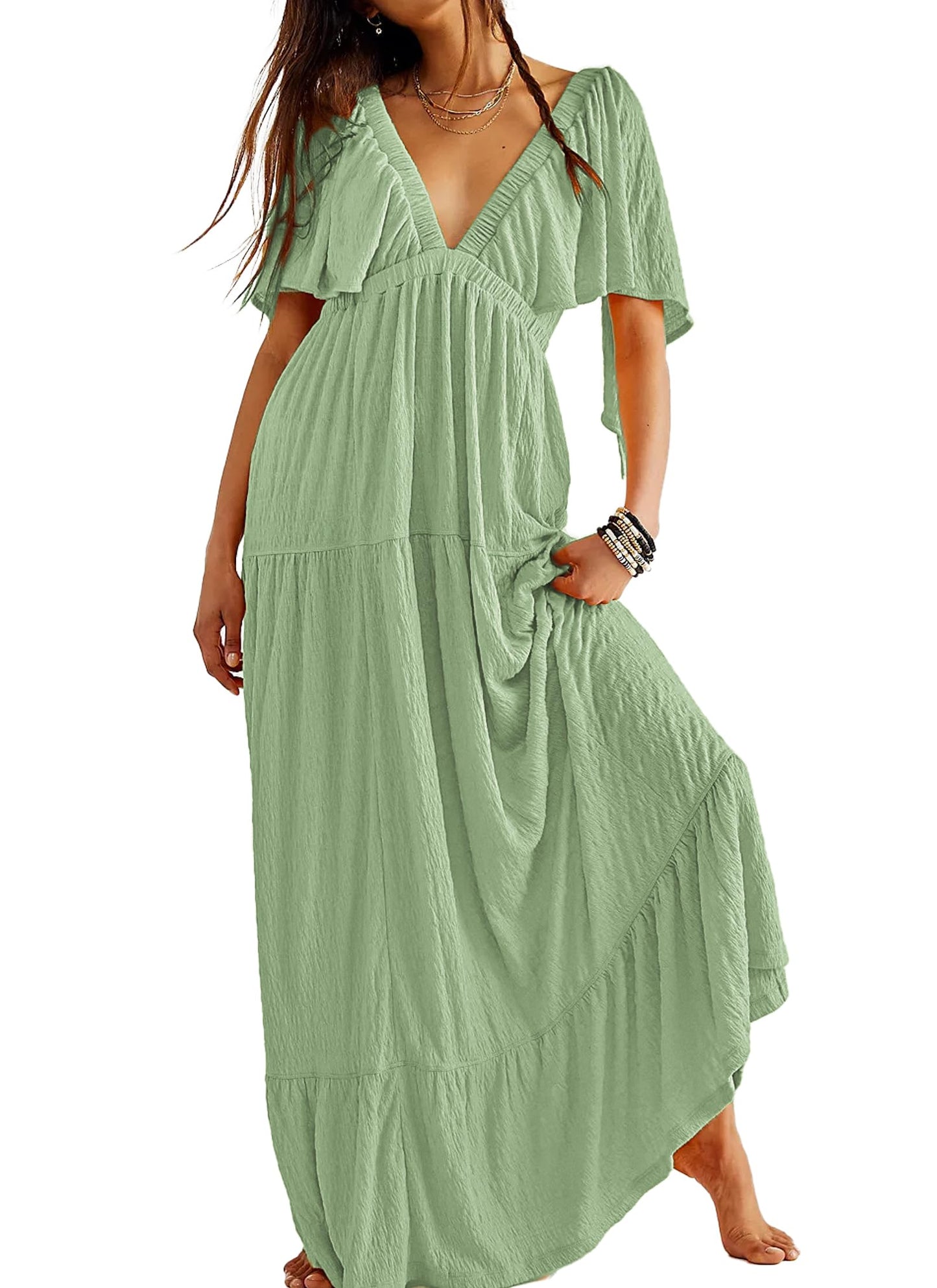 Kikibell Women Summer Dresses Sexy V-Neck Maxi Dress Tiered Silhouette with Flutter Sleeve Backless Elastic Waist Flowy Dress