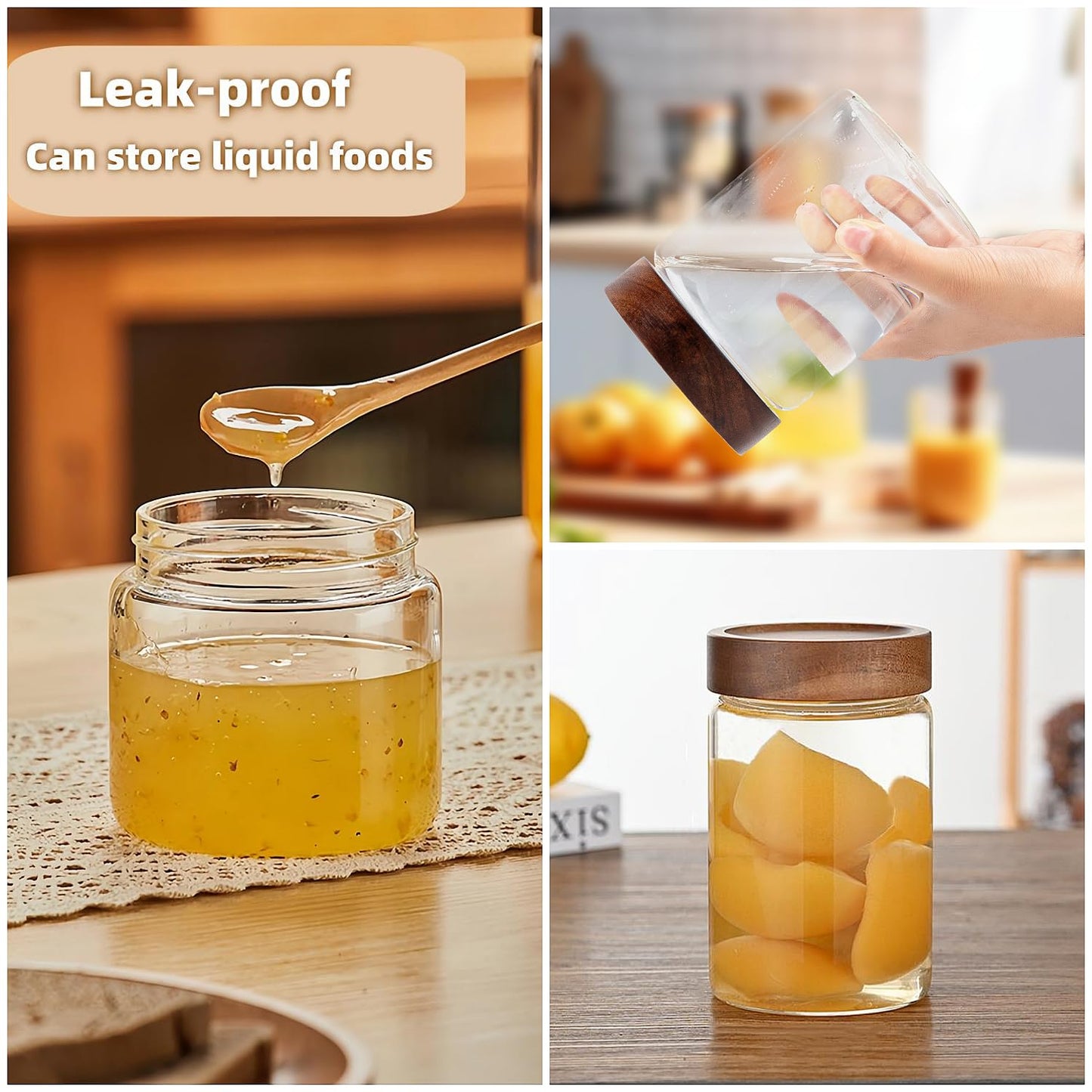 Brighomrom Set of 2 Glass Food Storage Jars, Premium Clear Glass Container Jar with Airtight Wooden Screw-on Lid, Kitchen Canisters for Coffee,Tea,Pasta,Cookies, Nuts,Spice,Candy,Overnight Oatmeal