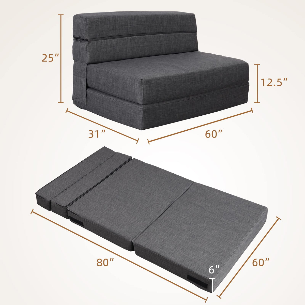 Nigoone Queen Size Folding Sofa Couch Memory Foam with 2 Pillows Sleeper Chair Lazy Couch Triple Futon Convertible Guest Beds, Washable Cover, Dark Gray