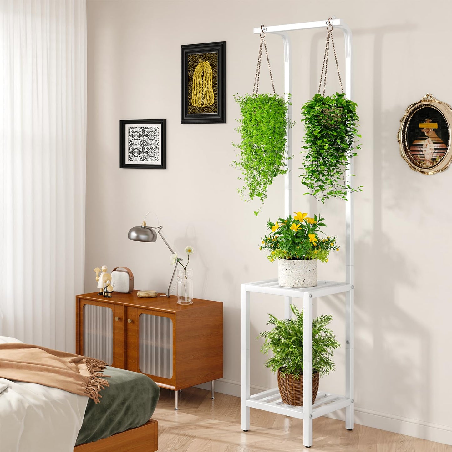 IBUYKE 67 Inch Tall Plant Stand Indoor Outdoor, 3 Tier Metal Hanging Plant Shelf for Multiple Plant, Heavy Duty Plant Holder Flower Stand for Living Room Patio Balcony Garden, White TMJ076W