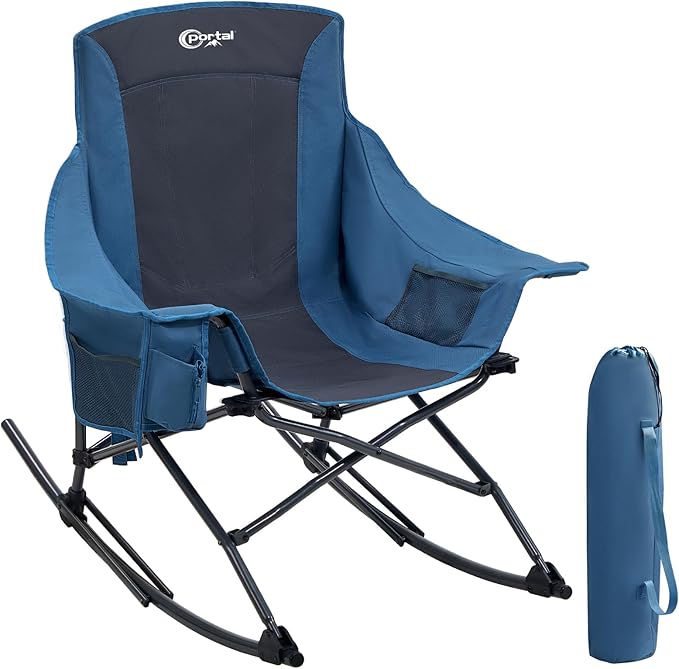Portal Outdoor Rocking Chair Camping Folding Portable Rocker with Cup Holder Side Pocket Carry Bag, Support 350LBS, Blue