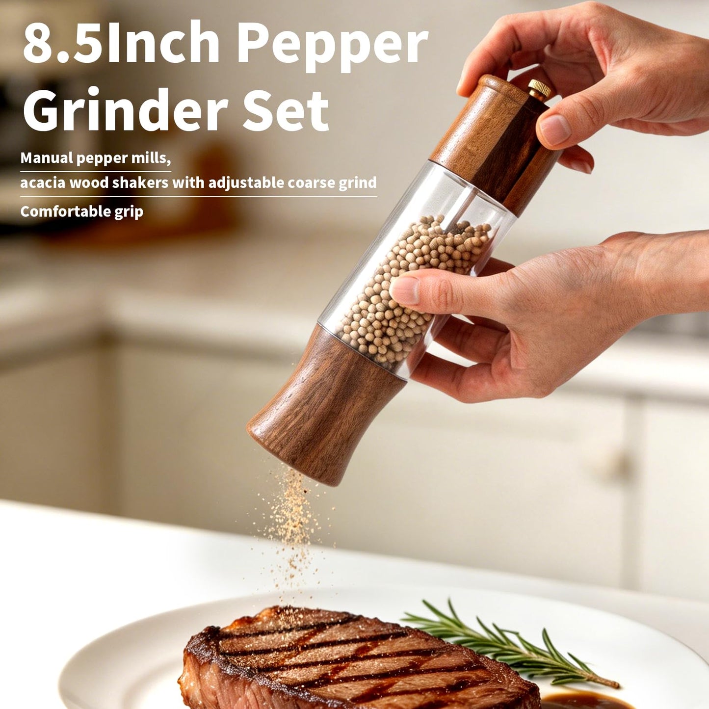 MZROO Wooden Salt and Pepper Grinder Set with Base, 8.5” Manual Pepper Mill and Acacia Wood Salt Shaker with Adjustable Ceramic Core, Refillable Wood Pepper Grinder 2-Pack for Kitchen Dining Gift