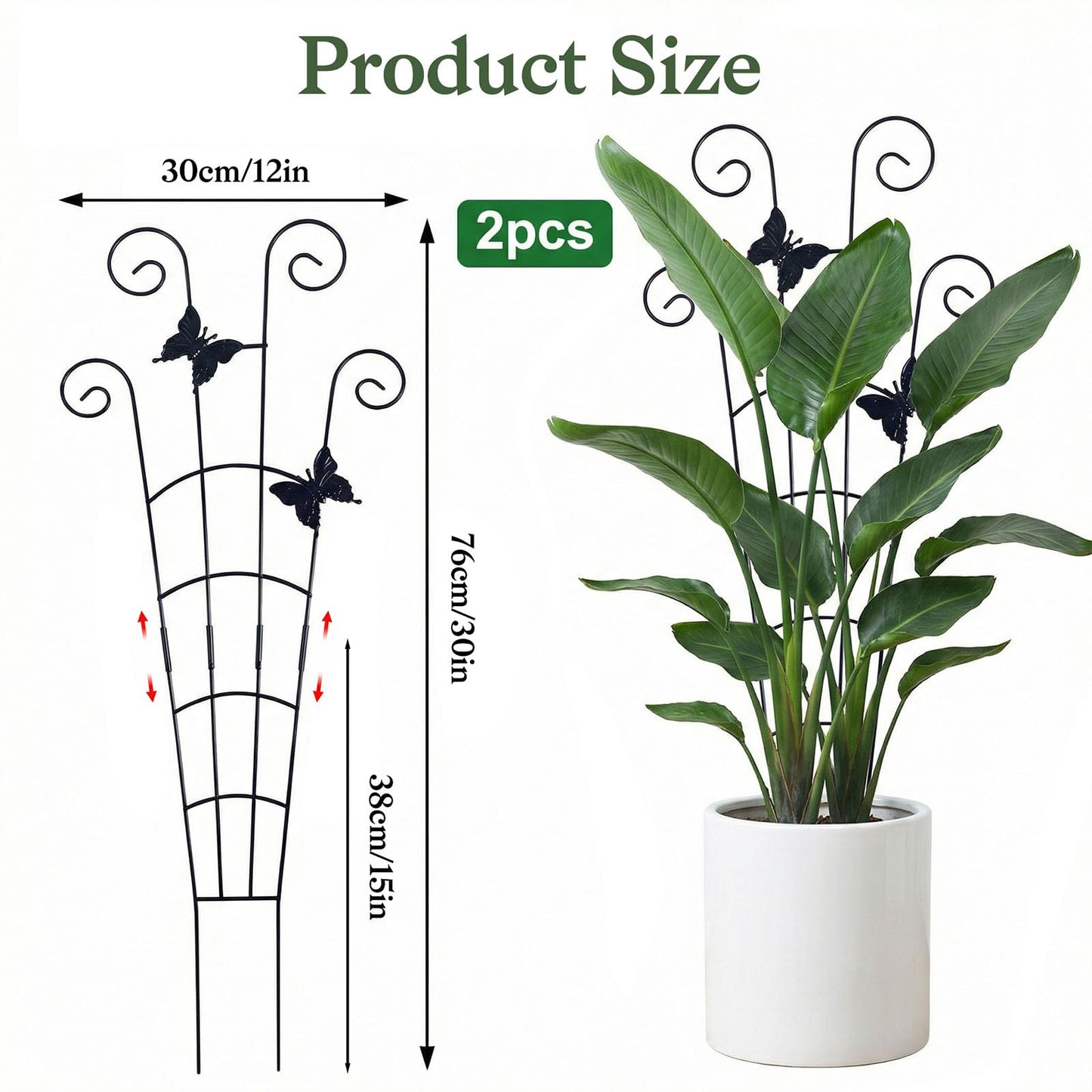 2 Pack 30 in Adjustable Plant Trellis Thickened Rust-Proof Metal Climbing Support Expandable 15-30 Inch Indoor Outdoor Garden Trellis for Pothos Ivy Monstera with Plant Ties