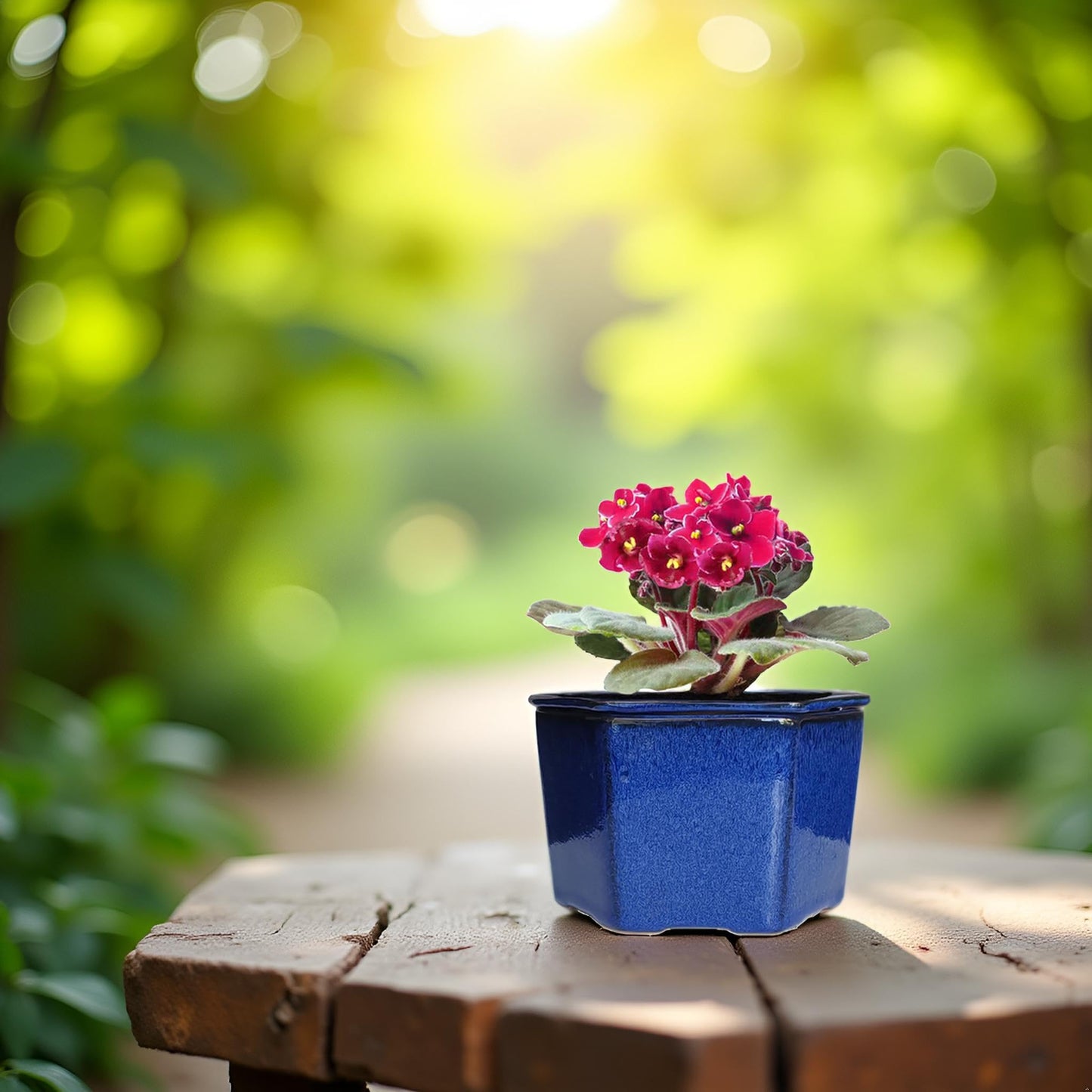 Dphagesy African Violet Pots 6 inch Hexagon Self-Watering Ceramic Violet Pots 4.50'' Opening (Blue)