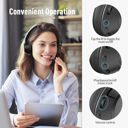 COOSII H300 Wireless Headphones Bluetooth with Microphone, Over Ear Headsets with USB Dongle & Mute, Environmental Noise Cancelling Retractable Mic for Work Office Meeting Laptop Computer (Black)