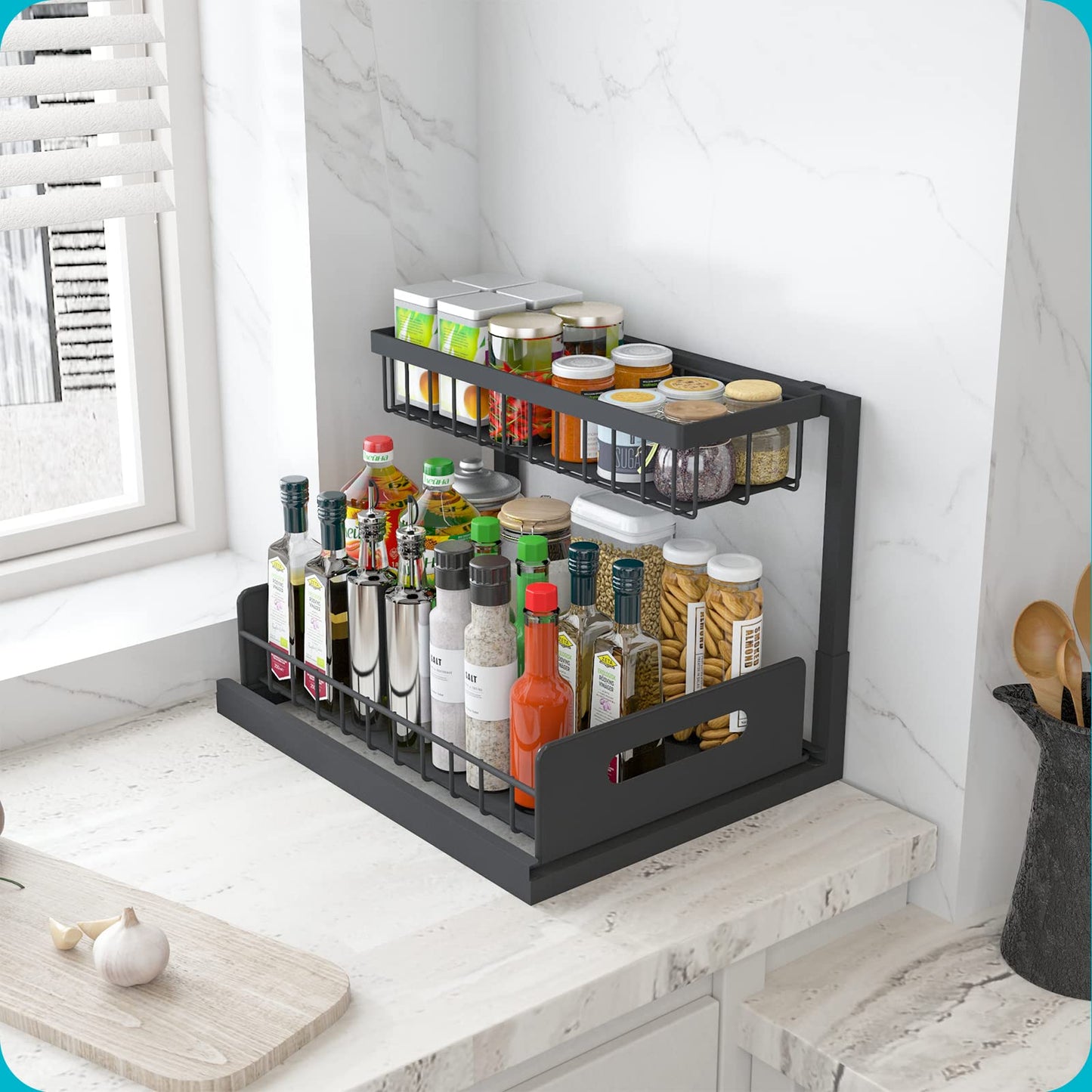 REALINN Under Sink Organizer, Pull Out Cabinet Organizer 2 Tier Slide Out Sink Shelf Cabinet Storage Shelves, Storage for Kitchen Bathroom, White, 2 Pack
