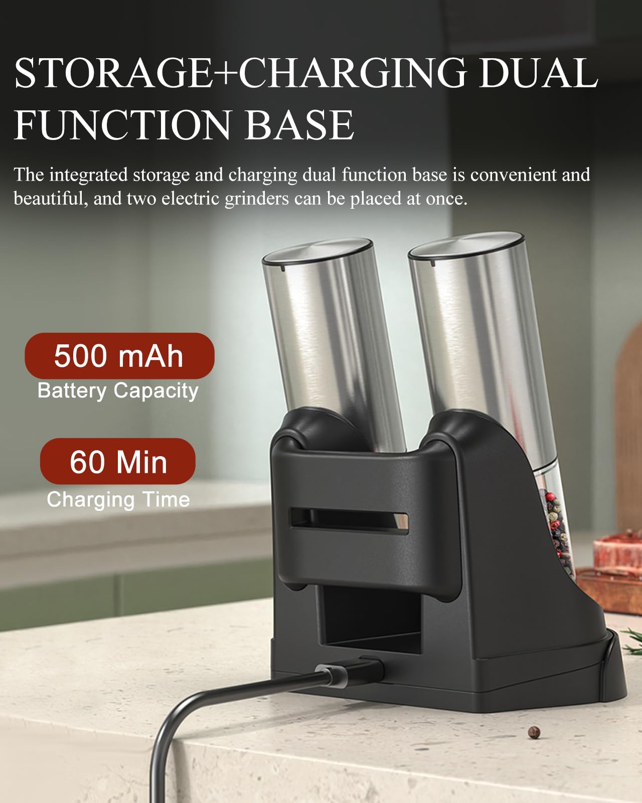 [Upgraded Larger Capacity]Electric Salt and Pepper Grinder Set Tomentific, Automatic Pepper Mills with Easy-to-Carry Dual Charging Station and Adjustable Coarseness, LED Light, Stainless Steel