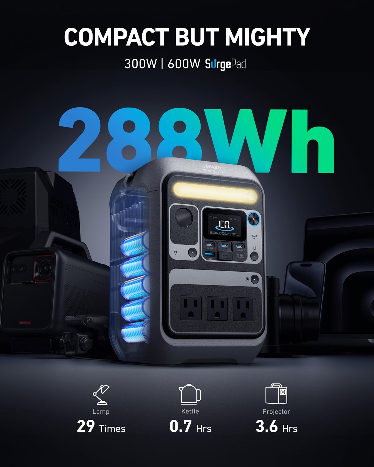 Anker Solar Generator SOLIX C300 with 60W Solar Panel, 288Wh Portable Power Station, 300W (600W Surge), LiFePO4 Battery, 140W Two-Way Fast Charging, for Outdoor Camping, Traveling, and Emergencies