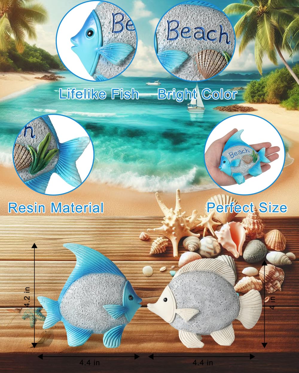 GoGnome Coastal Charm Resin Fish Figurines - Set of 2 Decorative Relax & Beach Decor Nautical Themed 4.4'' Statues for Home Hotel (Fishes)