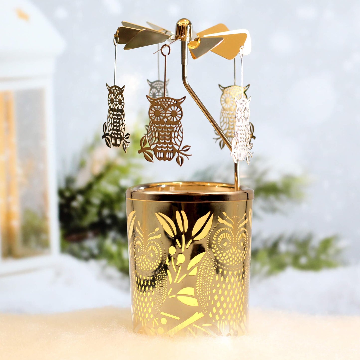 iLajao Candle Carousel Rotary Candle Holder Christmas Carousel Spinning Tealight Candleholder Christmas Decoration Centerpieces for Tables Valentine Easter (Golden Owl)
