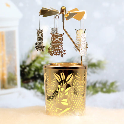 iLajao Candle Carousel Rotary Candle Holder Christmas Carousel Spinning Tealight Candleholder Christmas Decoration Centerpieces for Tables Valentine Easter (Golden Owl)