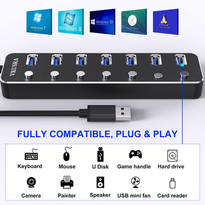 USB 3.0 Hub Powered, VKUSRA Aluminum 7 USB Port SuperSpeed USB Data Hub with 5V3A Power Adapter and Individual On/Off Switch for Surface Pro, Windows, PC Laptop, Desktop, NoteBook and More
