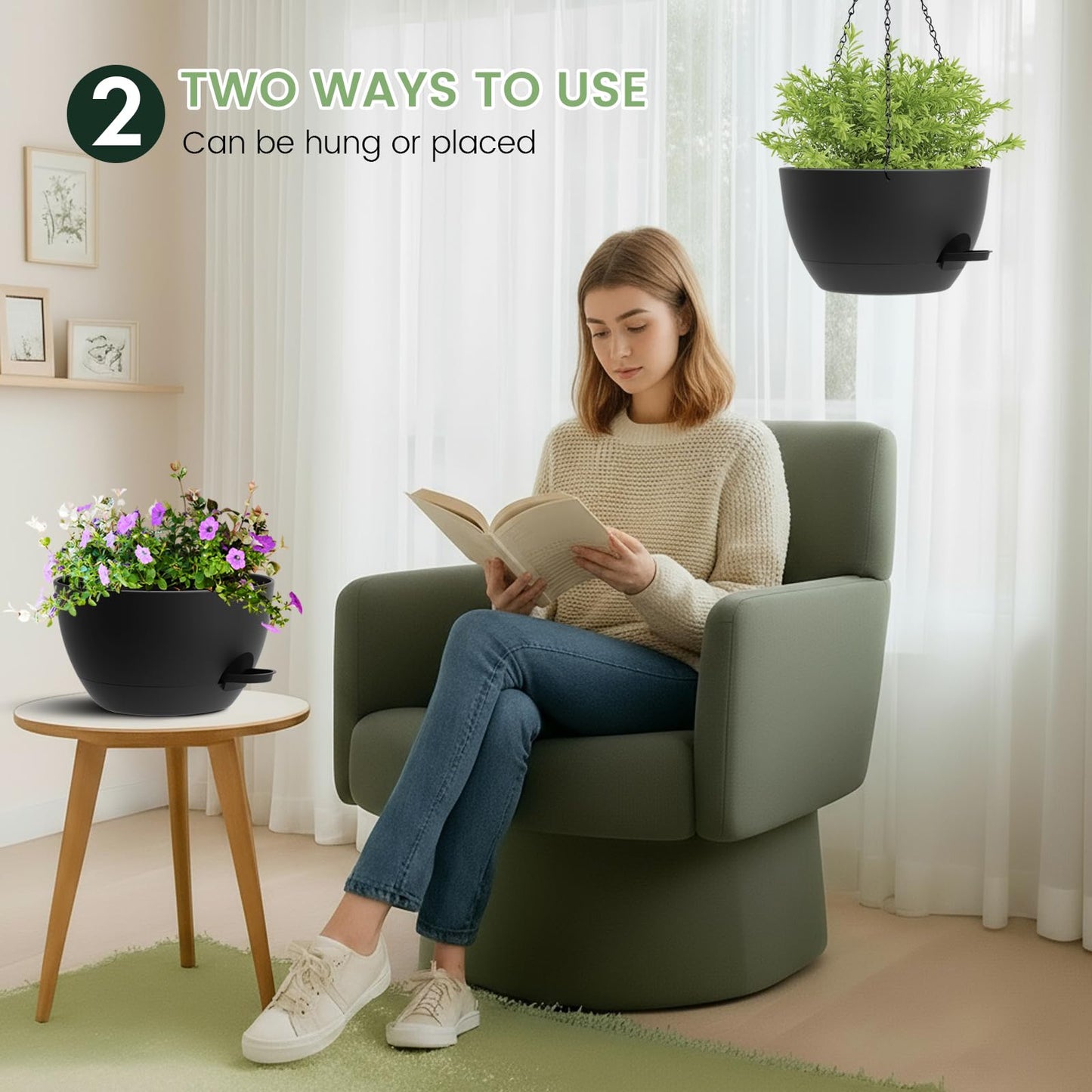 AHJZO 3 Pack 10 Hanging Flower Pots with Chains Self Watering Plastic Planters for Indoor Outdoor Plants, Sturdy Triangular Iron Chain Design for Garden PorchPlastic Hanging Flower pots (3, Black)