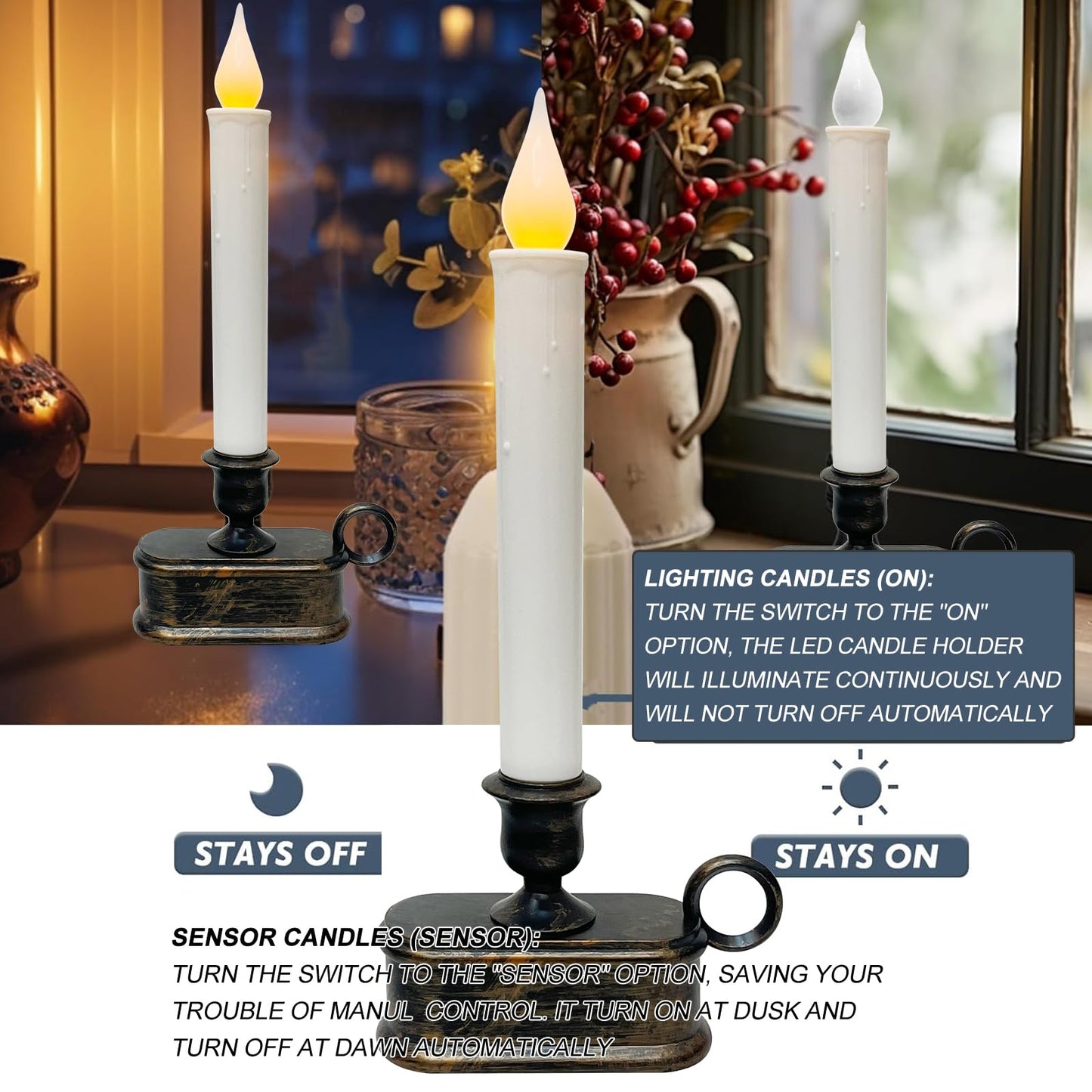 GOOTHY Set of 4 Battery Operated LED Window Candles, Dusk to Dawn Light Sensor, Flicker Flame Christmas Window Candles with Bronze Base, 10 Inch Flameless Taper Candle for Table Bedroom Christmas