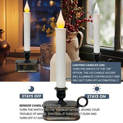 GOOTHY Set of 4 Battery Operated LED Window Candles, Dusk to Dawn Light Sensor, Flicker Flame Christmas Window Candles with Bronze Base, 10 Inch Flameless Taper Candle for Table Bedroom Christmas