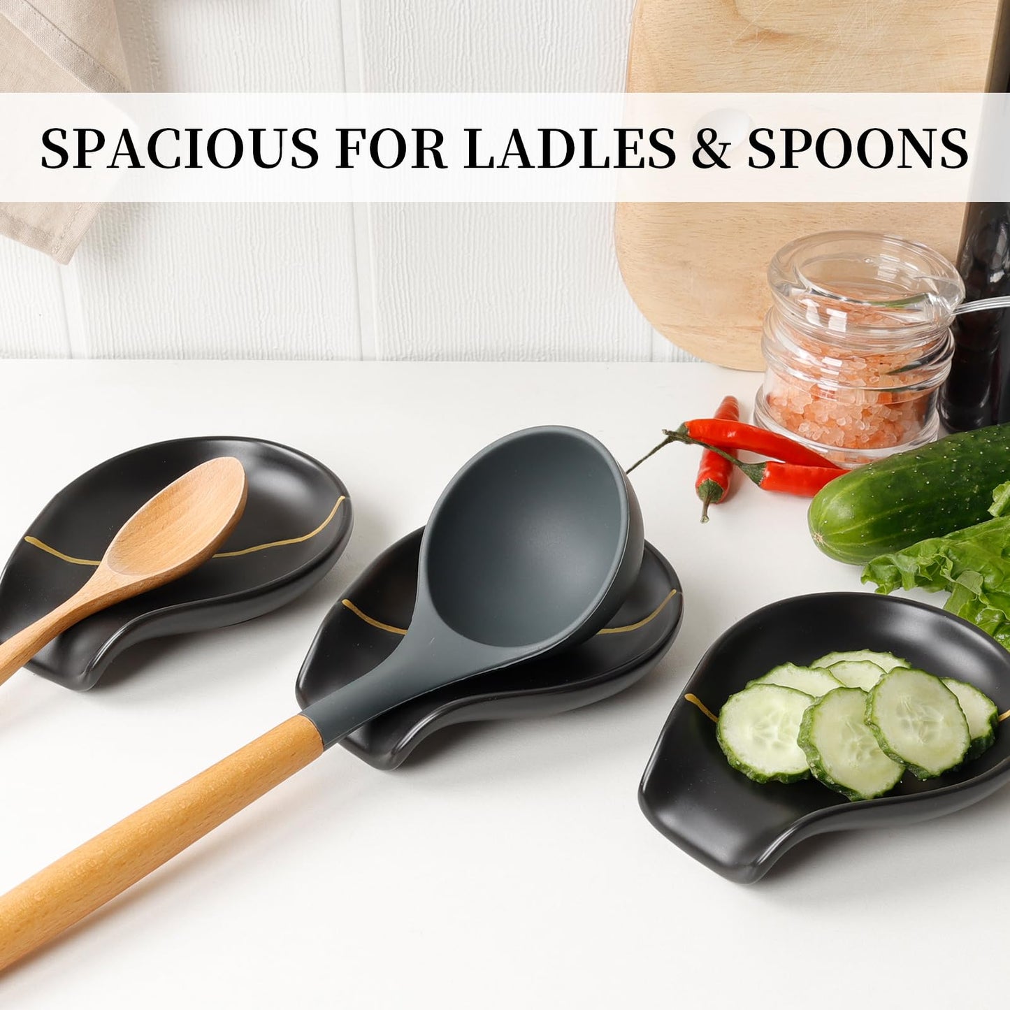 BosilunLife Black Ceramic Spoon Rest – Kintsugi Style Spoon Holder for Stove Top and Kitchen Countertop, Dishwasher Safe (Black)