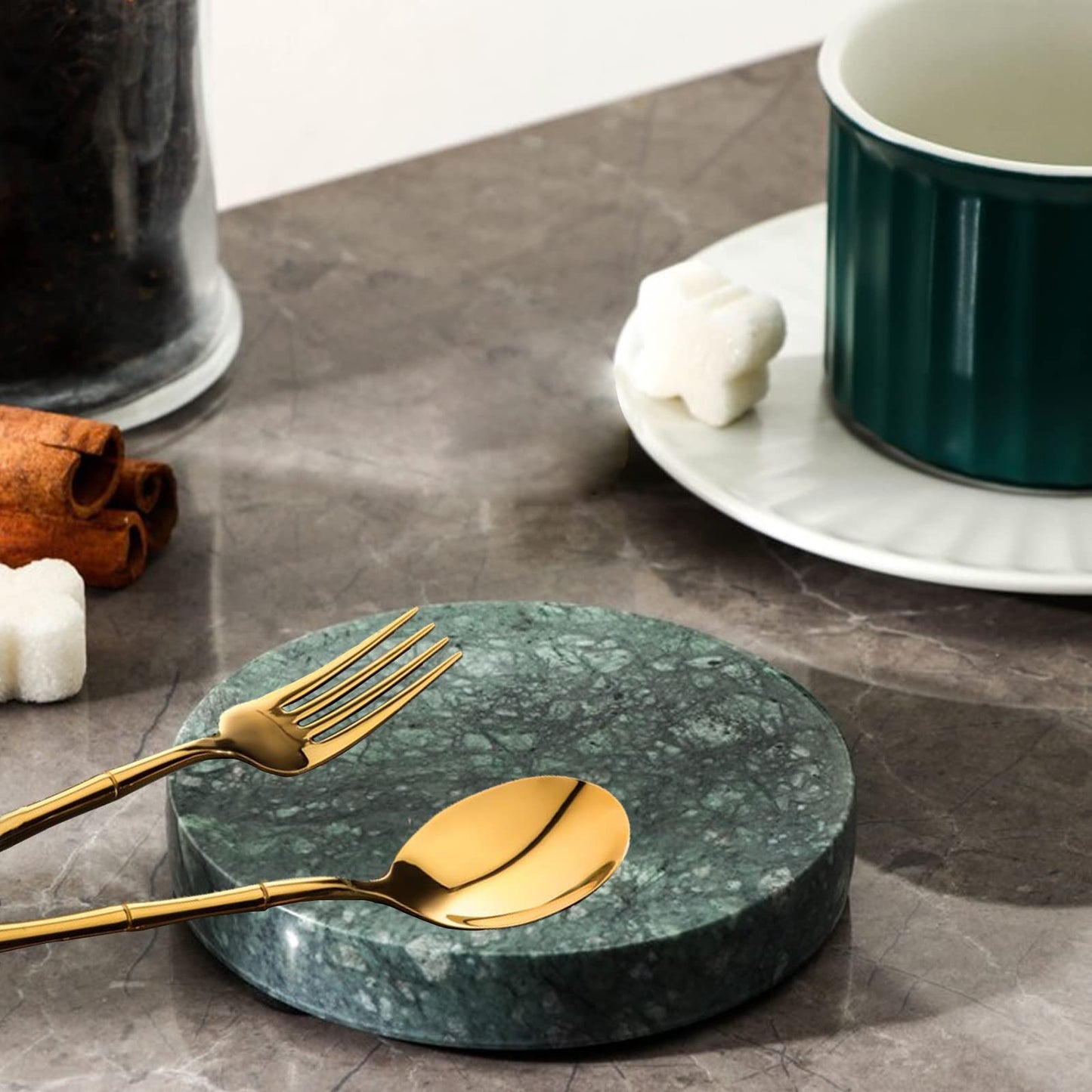 HEIHAK 8 PCS 4 Inches Marble Coasters, Round Stone Decorative Modern Coasters with Non-Slip Bottom for Glasses, Cups, Mugs, Emerald