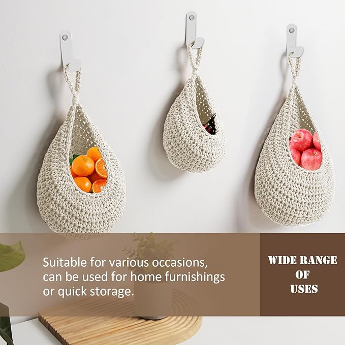 Hanging Fruit Large Basket Set of 3, Boho Wall Hanging Storage Basket