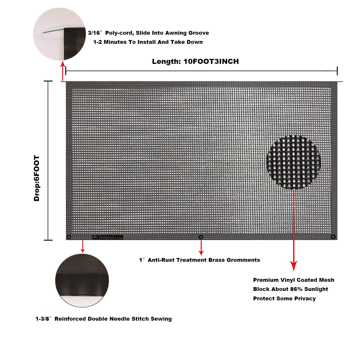 Tentproinc RV Awning Sun Shade Screen 6' X 10' 3'' (Fit for 11' Awning) Mesh Screen Sunshade Motorhome Camping Trailer Awning Screenshade Sunscreen UV SunBlocker - 3 Year Warranty (Black)