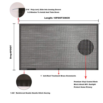 Tentproinc RV Awning Sun Shade Screen 6' X 10' 3'' (Fit for 11' Awning) Mesh Screen Sunshade Motorhome Camping Trailer Awning Screenshade Sunscreen UV SunBlocker - 3 Year Warranty (Black)