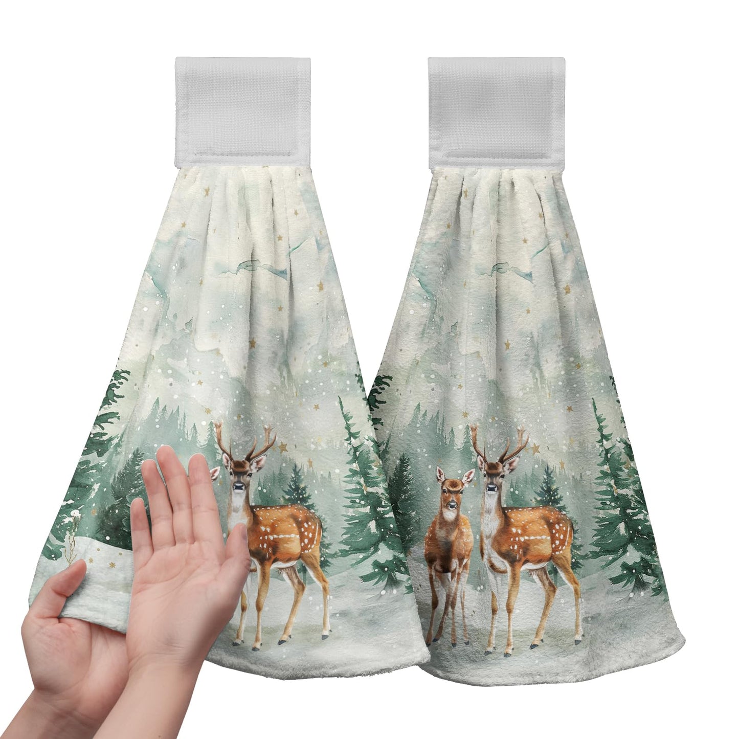 Rustic Farmhouse Winter Hanging Hand Towels with Loop - Pine Trees Xmas Deer Kitchen Dish Towels Absorbent Soft Fast Drying Set of 2