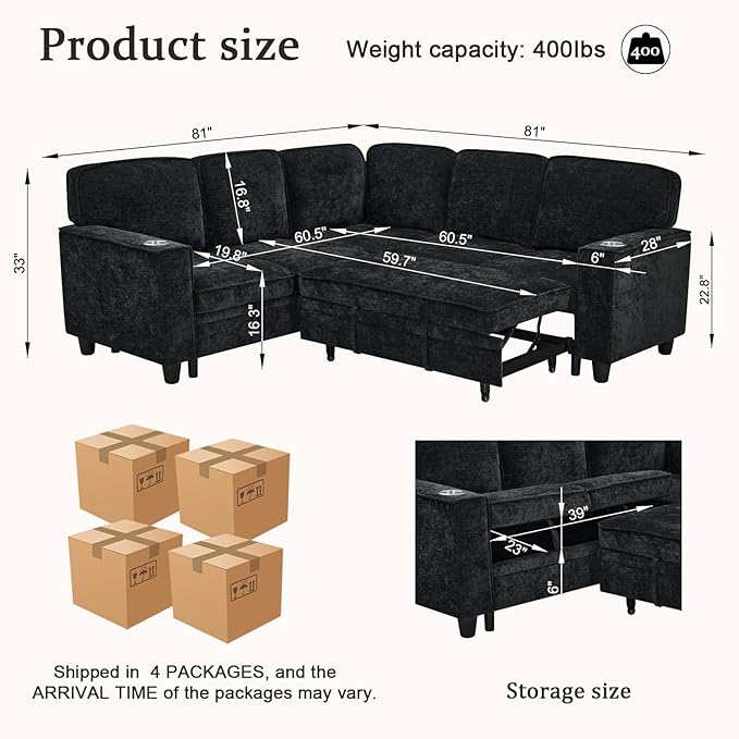 L-Shaped Sectional Couch with Storage and Pull Out Bed, Convertible Sofa Bed