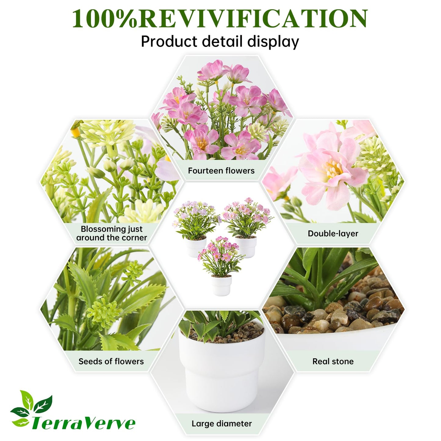 TerraVerve 3-Piece Artificial Table Plant ， Lifelike Indoor Plants for Home, Office, Bedroom, Bathroom Decor ，Rustic Farmhouse Style mini Potted plantsry