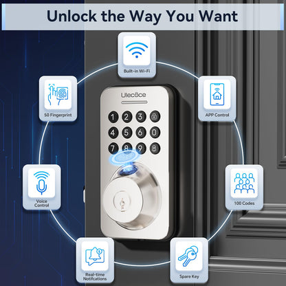 Ulecoce Fingerprint Keypad Deadbolt with Handle Set, Keyless Entry Door Lock, Door Locks for Front Door Lock Set, App Control, Auto Locking, Easy to Install, Satin Nickel