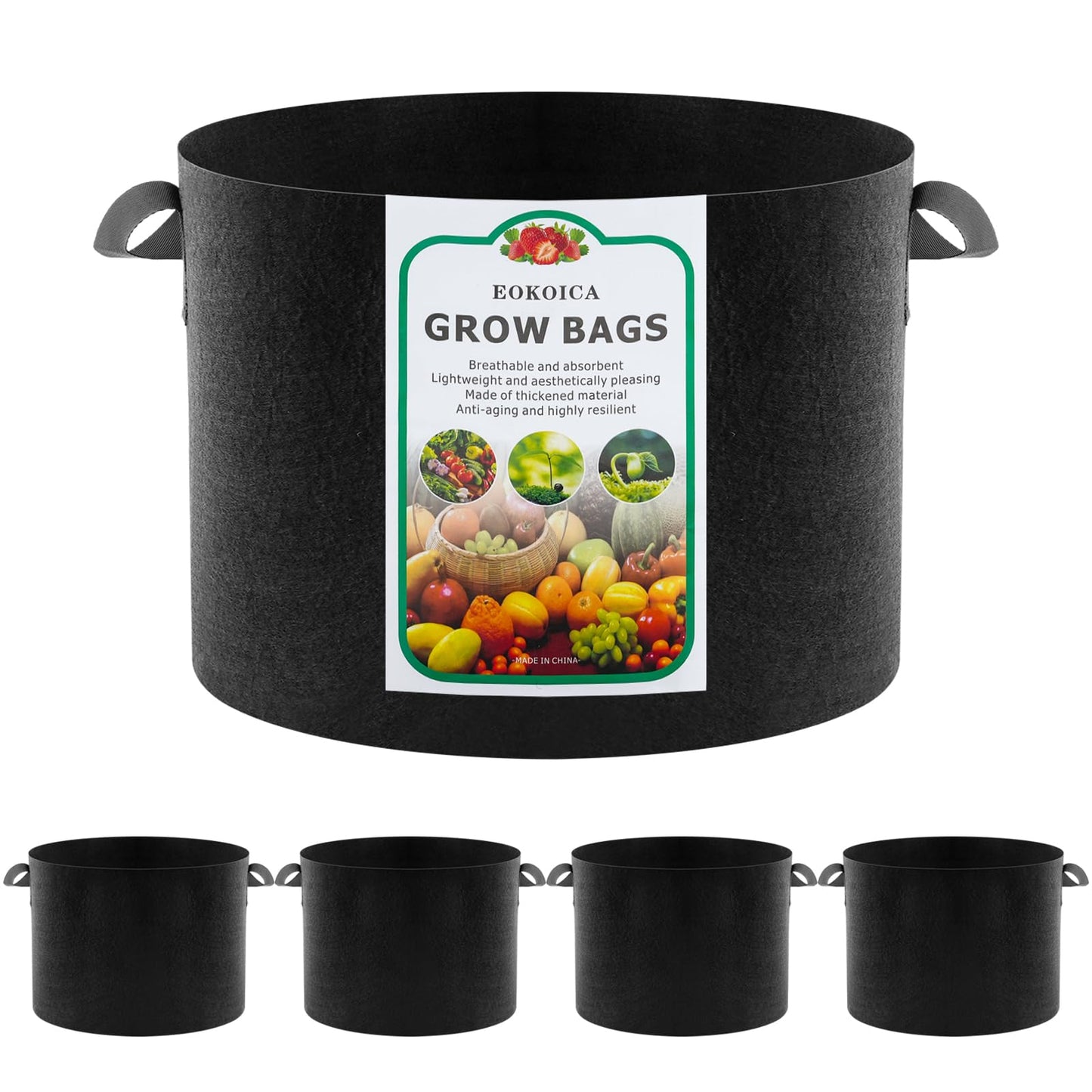 EOKOICA 5-Pack 15 Gallon Grow Bags, Thickened Aeration Fabric Pots with Handles, Heavy Duty Plant Bags for Vegetables, Tomatoes, Potatoes, Fruits & Flowers, Reusable Garden Pots for Plants