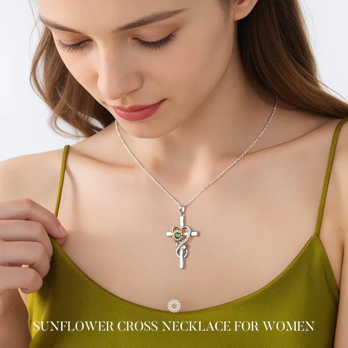 Iefil Cross Sunflower Necklaces for Wife - Simulated Sapphire Necklace, September Jewelry | Anniversary Birthday Gifts for Women, Sunflower Gifts